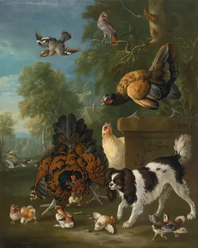 A Family Of Chickens Fending Off A Spaniel In A Landscape