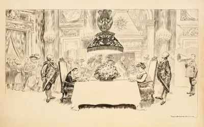 A Fancy Dinner Party Where Only Two Guests Are Seated Eating The Rest Stand And Watch Them