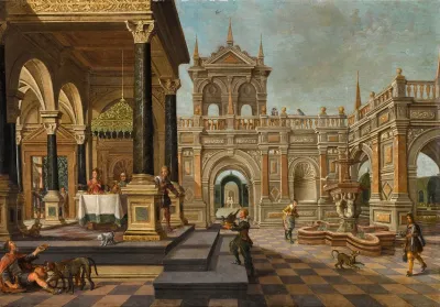 A Fantastical Palace Courtyard With Dives In The House Of Lazarus