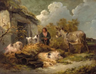 A Farm Boy With A Donkey Pigs And A Sheep Dog
