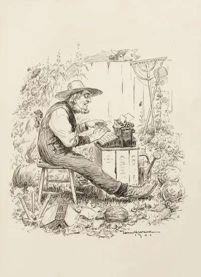 A Farmer Sits In His Field Typing On A Type Writer Surrounded By His Crops And Animals Who Watch Him Curiously