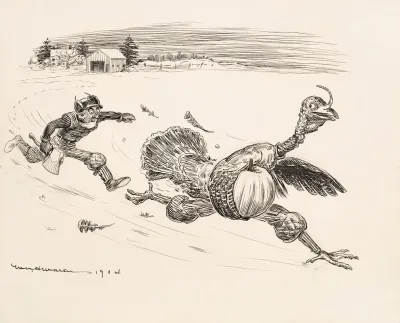 A Farmer With An Ax Chases A Giant Turkey With A Pumpkin Under Its Wing