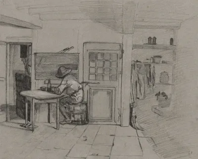 A Farmhouse Interior With A Boy At A Table