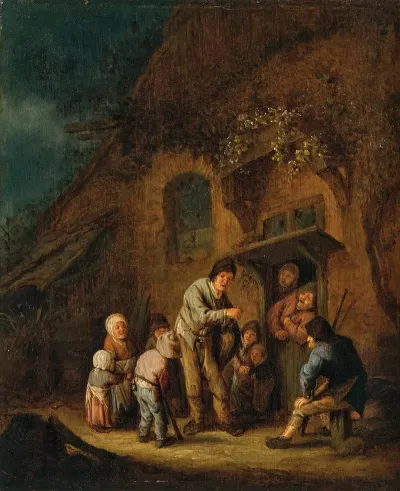 A Farmyard With Children And Peasants Listening To A Hurdy Gurdy Player