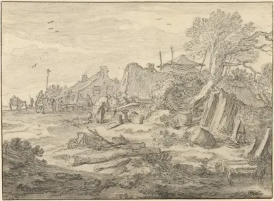 A Farmyard With Men Repairing A Wheel