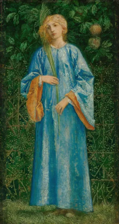 A Female Figure Dressed In Blue Holding A Palm