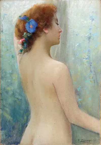 A Female Nude With Flowers In Her Hair Seen From Behind