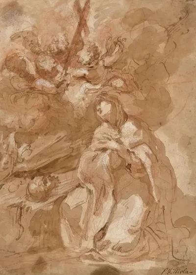 A Female Saint Contemplating A Crucifix