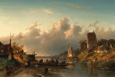 A Ferry Crossing A River In The Evening