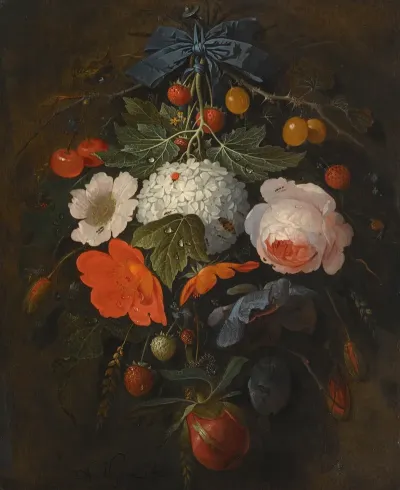 A Festoon Of Flowers And Fruit Including A Pink Rose A Poppy A Snowball Gooseberries And Fraises De Bois Along With A Variety Of Insects