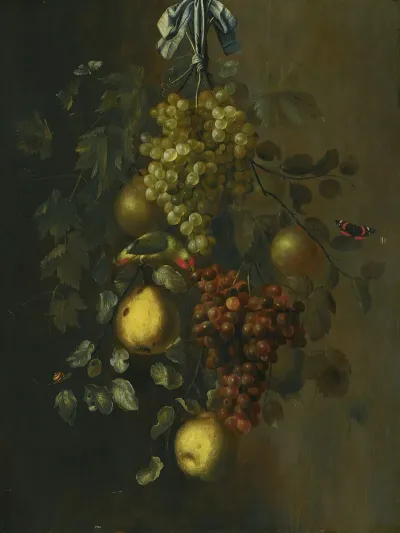 A Festoon Of Grapes Apples And Pears Hanging From A Nail With Snails Butterflies And A Parrot