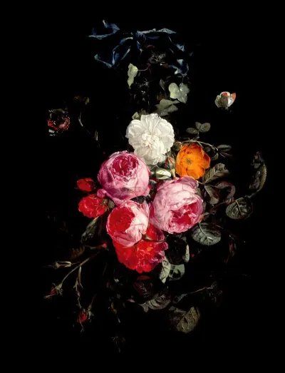 A Festoon Of Roses Hanging From A Blue Ribbon With Butterflies And Insects