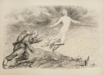 A Figure Representing World Domination Tempts An Exhausted Prussian Soldier