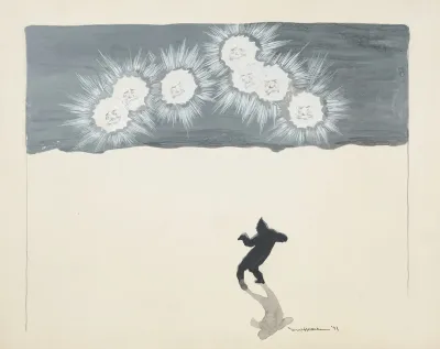 A Figure Walks Along An Empty White Environment With Seven Shining Faces In The Sky