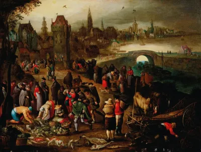 A Fish Market Before A City On The Water