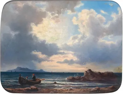 A Fishing Boat On The Shore With Seagulls