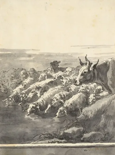 A Flock Of Sheep Drinking At A Pool With A Bullock And A Dog