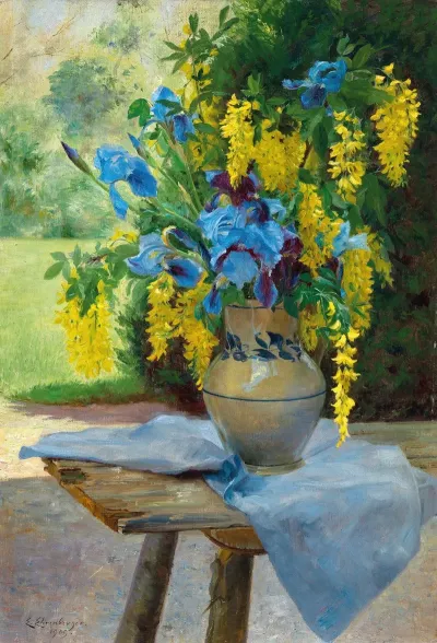 A Floral Bouquet With Irises And Laburnum