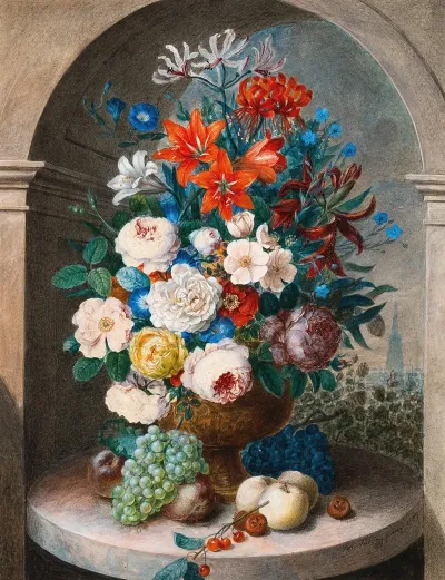 A Flower Still Life In The Manner Of 17th Century Netherlandish Artists Saint Stephens Cathedral In The Far Distance