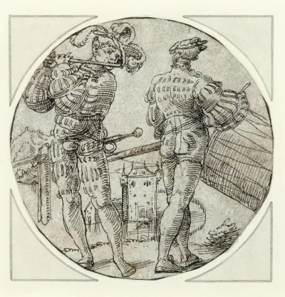 A Flutist And Drummer Before A Moated Castle