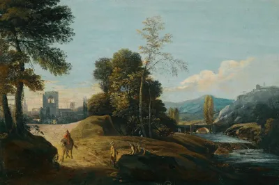 A Fluvial Landscape With Figures On A Path A Town Beyond