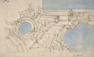 A Foreshortened View Of A Ceiling Corner Decorated With Statues Putti And Garlands