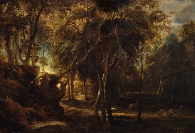 A Forest At Dawn With A Deer Hunt