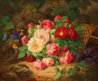 A Forest Floor With A Still Life Of Roses And Butterflies