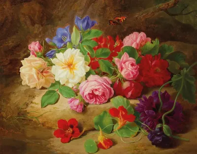 A Forest Floor With Roses And A Butterfly