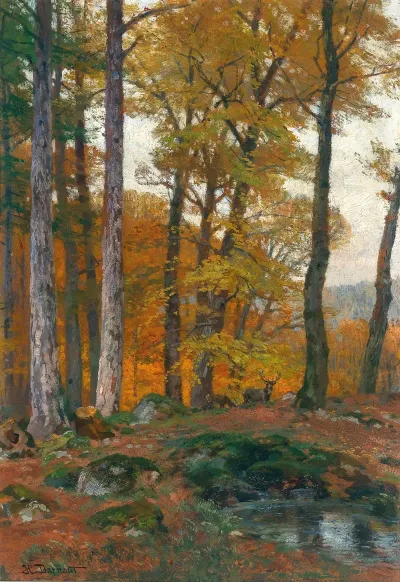 A Forest Glade With Stags In Autumn