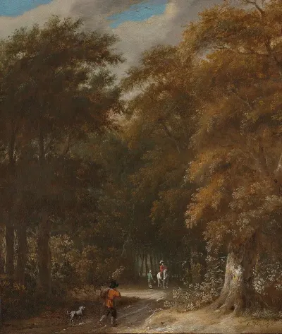 A Forest Landscape With A Traveller And A Rider On A White Horse