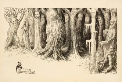 A Forrest Of Large Trees And Each Tree Has The Face Of A Different Man A Tiny Uncle Sam Approaches With An Ax Smiling