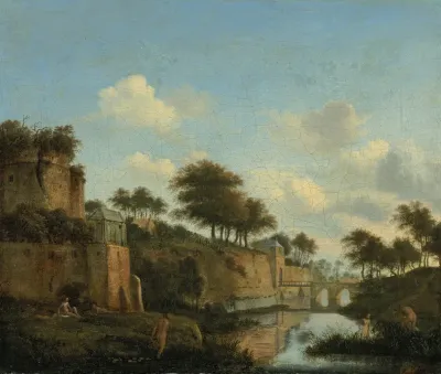 A Fortified Town With Figures Bathing