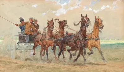A Four In Hand In Galopp Three Sportive Gentleman On A Coach