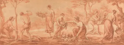 A Frieze Men Planting Trees Women Gathering Blossoms And Watering Flowers