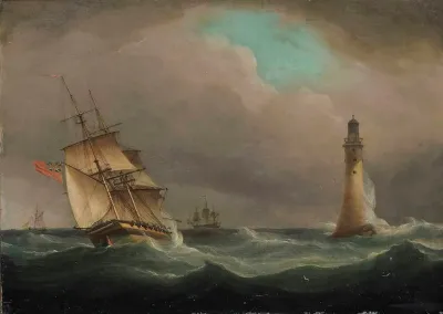 A Frigate Healing In The Breeze Off The Eddystone Lighthouse