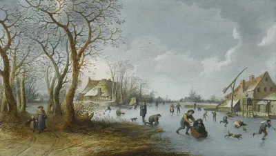 A Frozen River Landscape With A Man Pushing His Wife Along The Ice In A Sledge