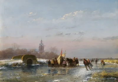 A Frozen Waterway With Skaters By A Refreshment Stall