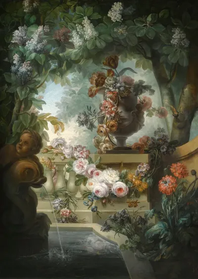 A Garden Scene With An Urn Of Flowers A Flower Garland And A Fountain Beneath A Canopy Of Wisteria