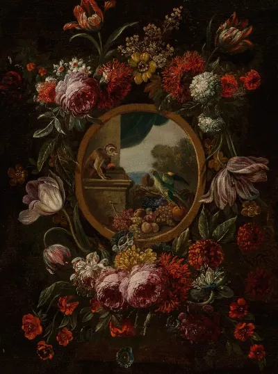 A Garland Of Flowers Encircling A Tondo With Fruit Monkey And Parrot