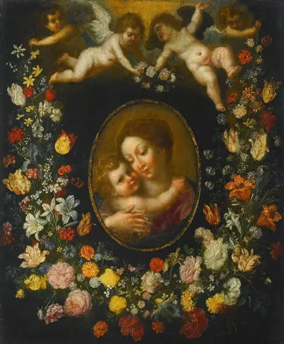 A Garland Of Flowers Encircling An Oval Of The Virgin And Child Born Aloft By Angels