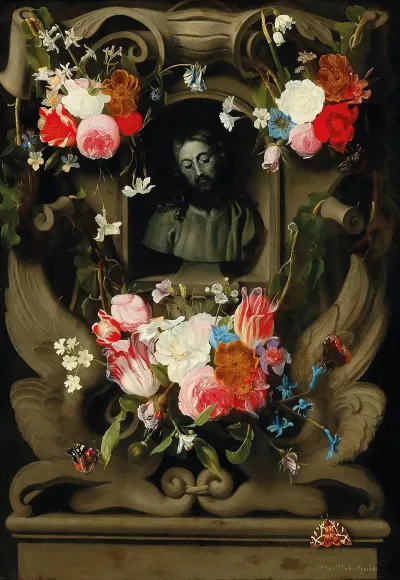 A Garland Of Flowers Surrounding A Cartouche With A Bust Of Christ