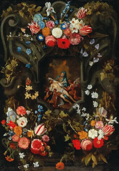 A Garland Of Flowers Surrounding A Cartouche With A Pieta