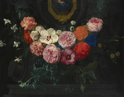 A Garland Of Flowers Surrounding A Cartouche With The Virgin And Child