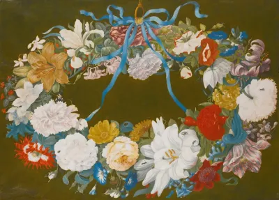 A Garland Of Flowers Tied To A Ring With A Blue Ribbon