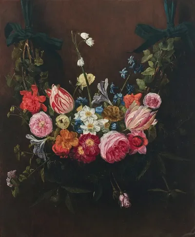 A Garland Of Flowers With Tulips Daffodils Lilies Of The Valley Suspended From Ribbons