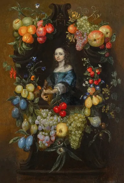 A Garland Of Fruit And Flowers Surrounding A Portrait Of A Lady In A Blue Dress Holding A Guitar