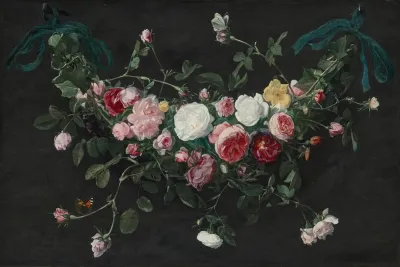 A Garland Of Roses And Ivy Suspended By Ribbons With A Cabbage White And A Tortoiseshell Butterfly