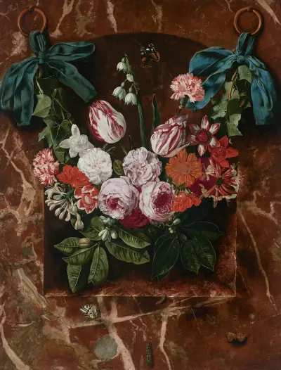 A Garland Of Tulips Roses Lilies Of The Valley And Other Flowers Suspended From Blue Ribbons Before A Marble Alcove With Butterflies And Caterpillars