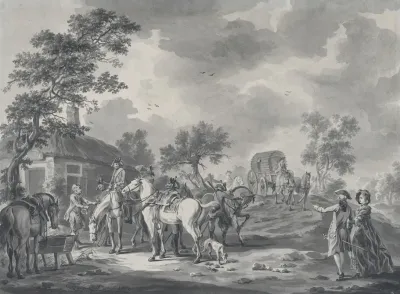 A Gathering Of Horsemen And A Coach Near A Watering Place